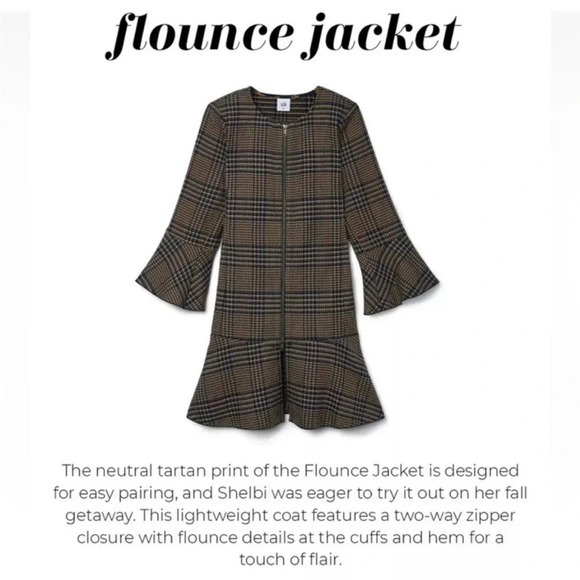 Cabi Flounce Jacket #3902 Tan Brown Navy Tartan Plaid S Zip Front Longline - Picture 4 of 12